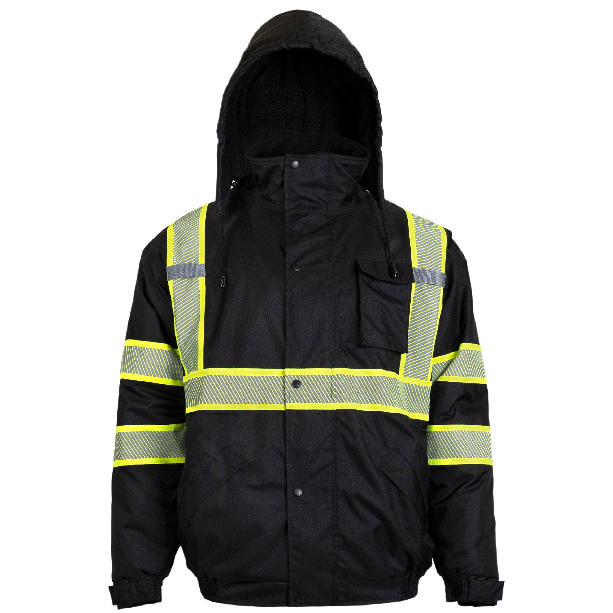 Hi-Vis Safety Jacket with Heat-Transfer Reflective Tapes and Removable Hood